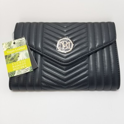 STUDIO BADGLEY MISCHKA Black Quilted Clutch Crossbody Vegan Leather Bag NEW