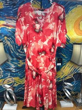 Simply Vera Wang XL Red Floral Dress Belted Midi Short Sleeve Linen Blend