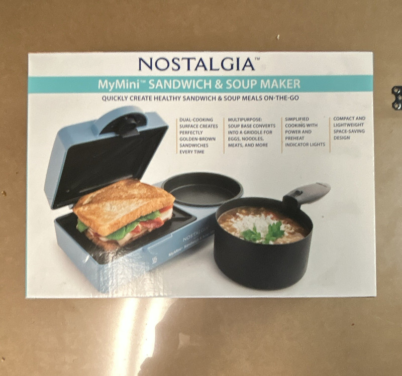 Nostalgia MyMini Sandwich & Soup Maker Blue Non-Stick Compact w/ Lights