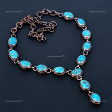 Oval Copper Blue Turquoise Gemstone Copper Chain Electroformed Necklace Jewelry