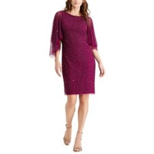 Adrianna Papell Pink Cocktail Dress Beaded Long Flutter Sleeve Sheath Size 4