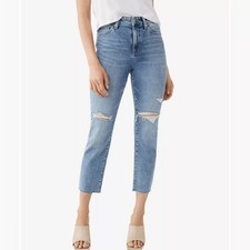 True Religion Starr Mid Rise Cropped Straight Bite Out raw hem distressed jeans