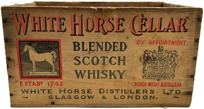 Vintage WHITE HORSE CELLAR Scotch Whisky Wood Crate Box Sign Scotland