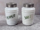 Vintage Hazel Atlas Milk glass Salt And Pepper Shakers Green Script