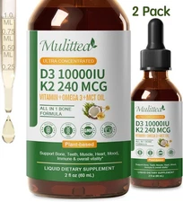 2 Pack Organic Vitamin D3 K2 Liquid w/ Vegan Omega-3 & Coconut MCT Oil, 10000 IU