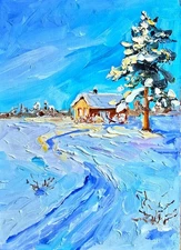 House in Winter Landscape Hand Painted Original Oil Painting on Cardboard 13x18cm