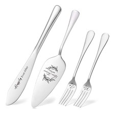 Wedding Cake Knife and Server Set Silver Stainless Steel 4pc Mr and Mrs Forks