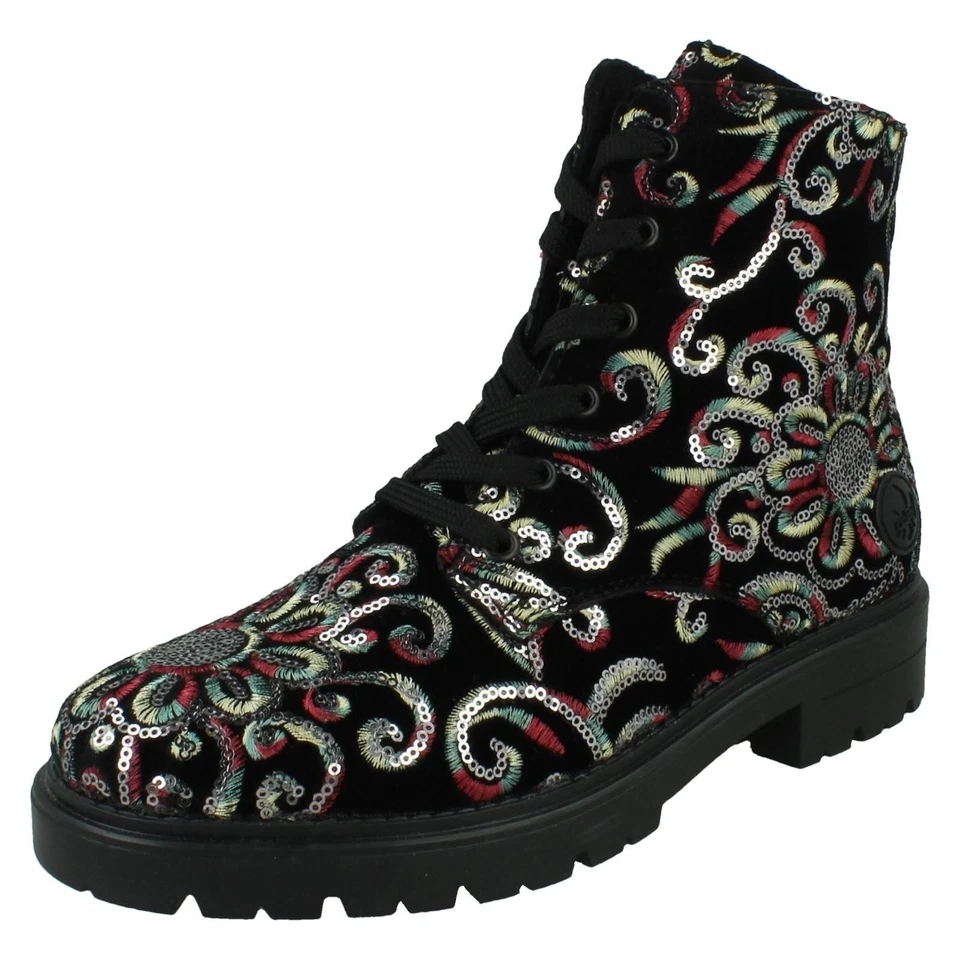 Damen Rieker Florale Stickerei Und Pailletten Design Kampfstiefel Z2841 - Bild 1 von 1