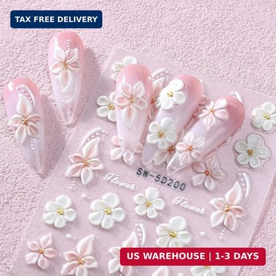 5D Embossed Flower Nail Stickers for Nail Art 3D Self-Adhesive Pink White Flower