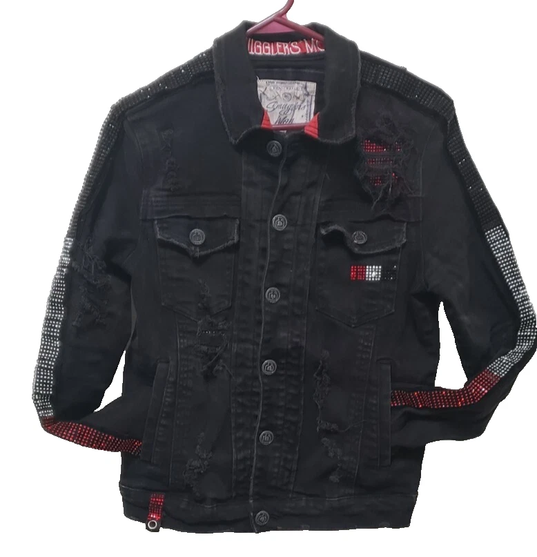 Chaqueta vaquera Smugglers Moon negra envejecida con pedrería roja/blanca talla S Foto 3 de 4