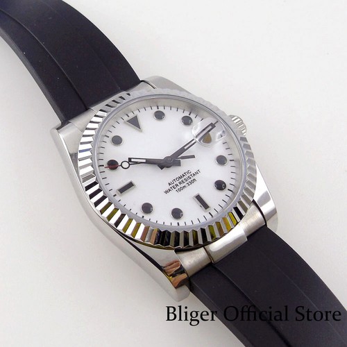 BLIGER 39MM Fluted Bezel NH35 White Black Dial Automatic Men Watch Rubber Band - Picture 5 of 7