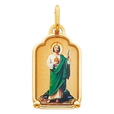 14K Yellow Gold St. Jude Enamel Religious Charm Pendant For Necklace Chain