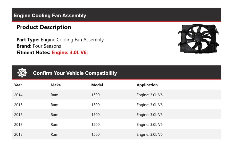 Conjunto de ventilador de refrigeración para motor Ram 1500 2014-2018 3,0 L V6 4 estaciones 2015 2016 Foto 2 de 3