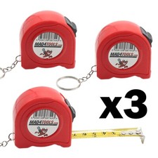 3 x Retractable Tape Measure - Locking Button - Mini Key Ring - Belt Clip 2m