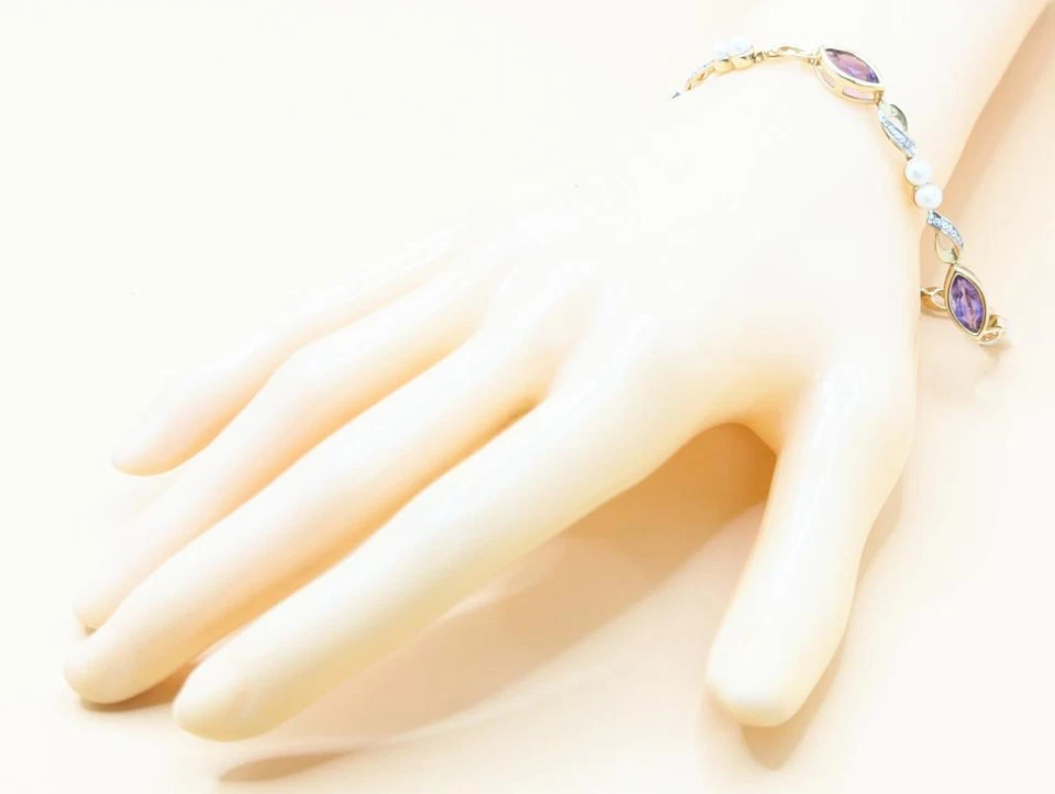 Brazalete 7" 14K Oro Sólido 2 Tonos 8.1g Amatista y Perla Cultivada Infinity Twist Foto 2 de 4
