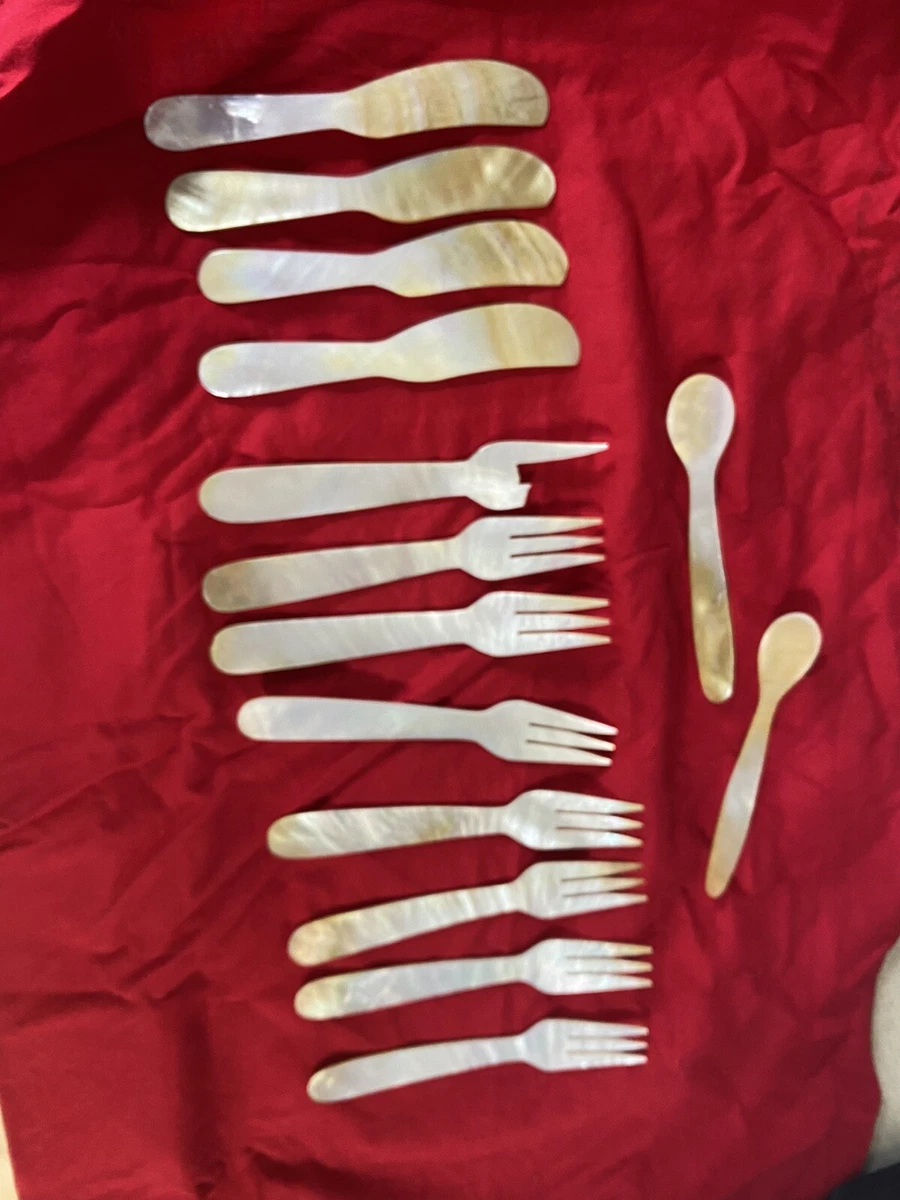 VTG Hand acarved Mother of Pearl Silverware set 8 forks 4 knives 2 teaspoons