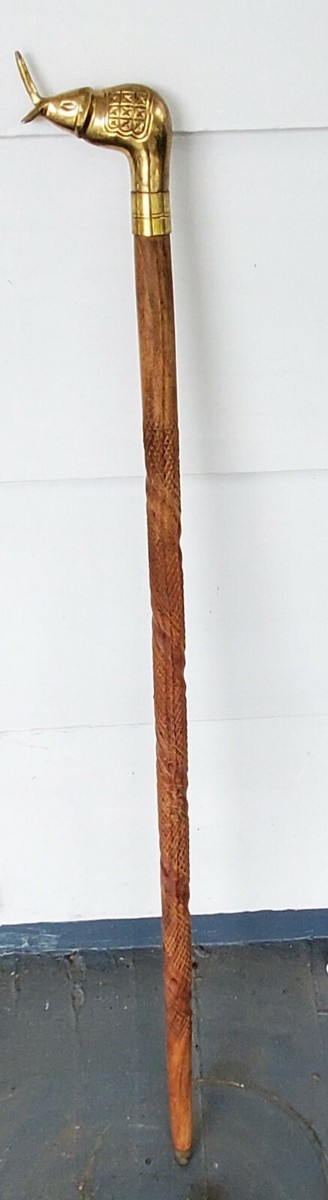 Vintage 1950's Brass Elephant Handle Walking Cane. Carved Spiral