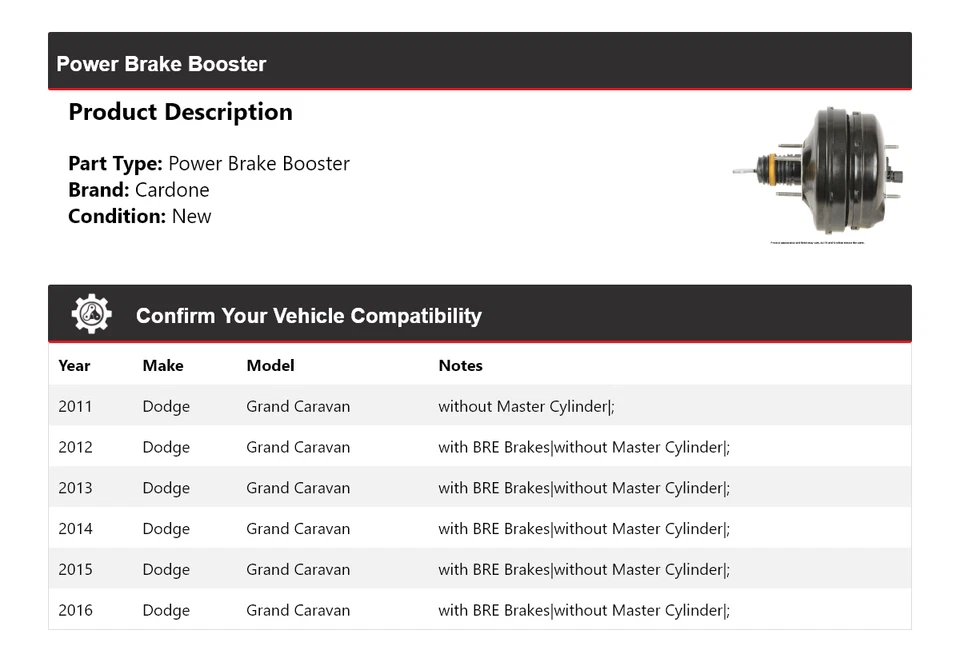Para 2011-2016 Dodge Grand Caravan Power Brake Booster Cardone 2012 2013 2014 - Imagem 2 de 4