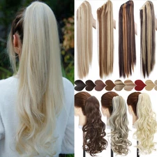 US Real Thick Clip In As Human Hair Extensions Pony Tail Claw On Ponytail 12-26"