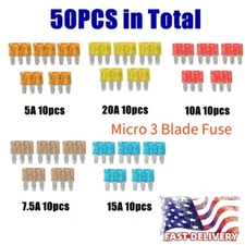 50PCS Mixed Micro3 3 Prong ATL Blade Fuses Assortment Kit 5A 7.5A 10A 15A 20A