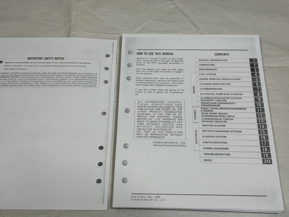 Printed Service Shop Repair Manual 1985-1987 Honda ATC250ES Big Red ATC250 ES - Image 2 of 3