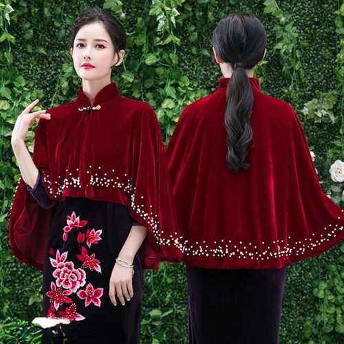 Lady Formal Beaded Velvet Cape Jacket Shrug Bolero Cloak Capelet Cheongsam Party - Picture 7 of 18