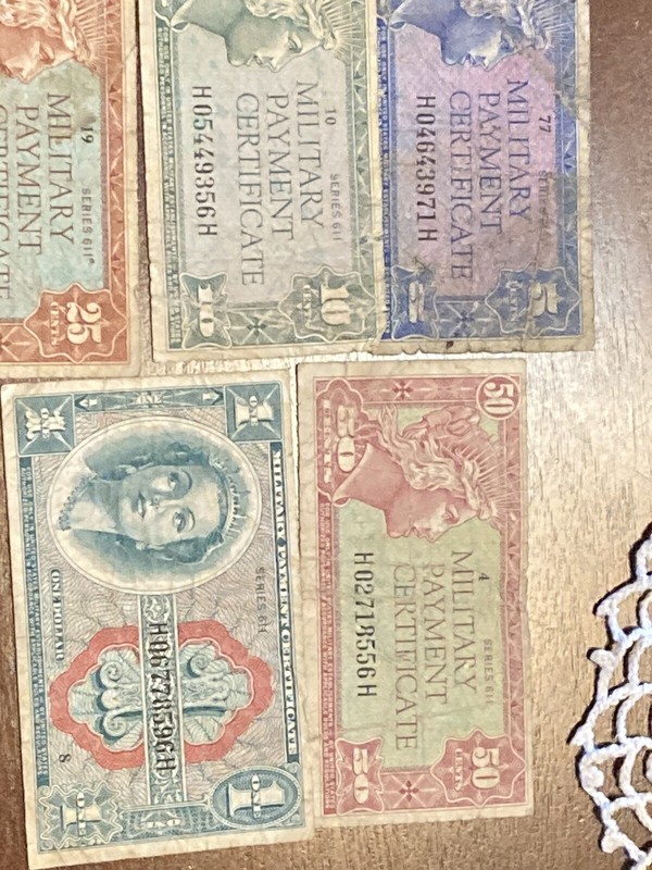 1957 & 1961 MILITARY PAYMENT CERT MIX 5c10c25c50c $1 Each.  10 Bills.  F-VG
