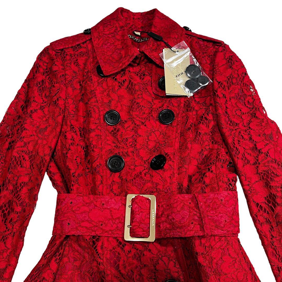 Tagged Burberry All Lace Trench Coat Silk Floral Pattern Red