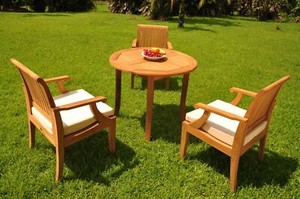 DSLG A-Grade Teak 4pc Dining Set 36" Round Table 3 Arm Chair Outdoor Patio