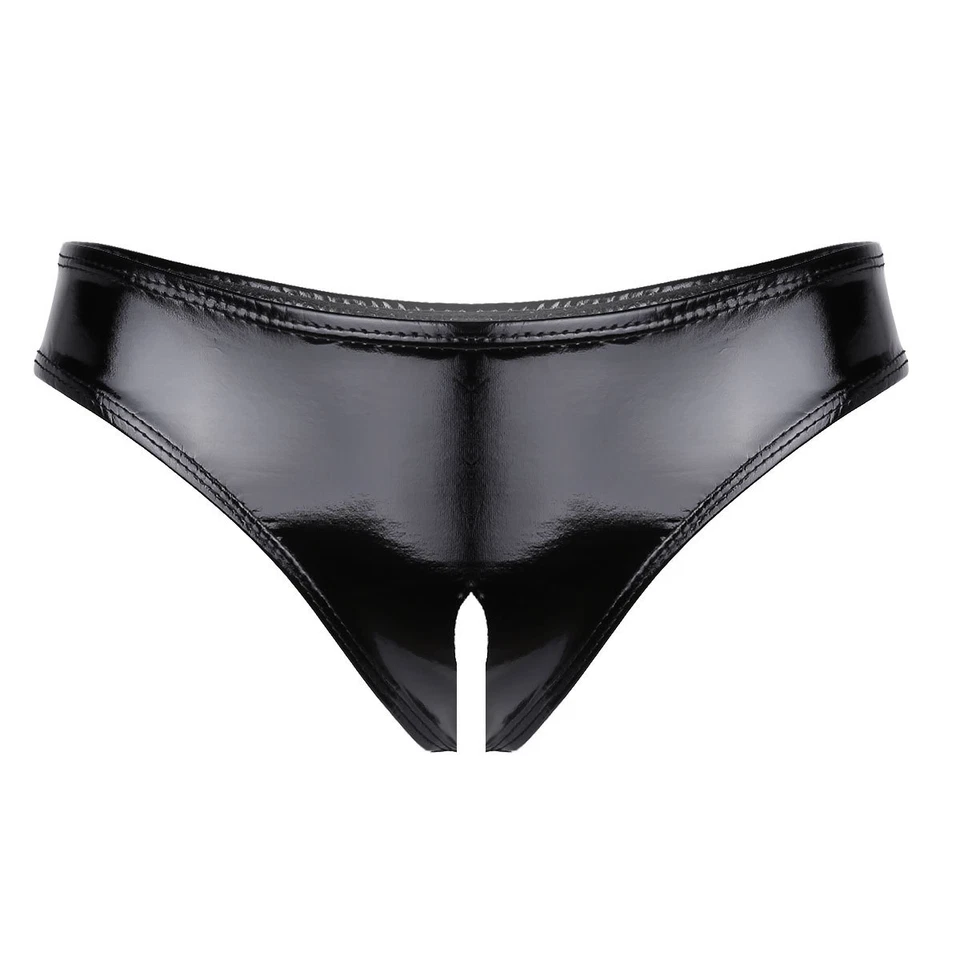 DE Damen Wetlook Ouvertslip Kunstleder Schritt offen Strings Slip Panty Hotpants - Bild 3 von 4
