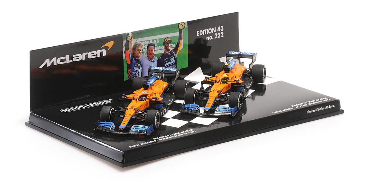 Miniaturas De Coches De F1 1:43 Minichamps McLaren F1 Team MCL35M 1:43 - Set De 2 Coches, 1-2 Finish Ricciardo/Norris GP Italia 2021 Coche Miniatura 1-2 Finish
