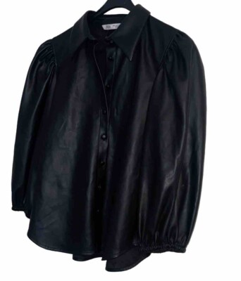 ZARA FAUX LEATHER PUFF SLEEVE SHIRT BLACK SIZE SMALL BUTTON-UP TOP