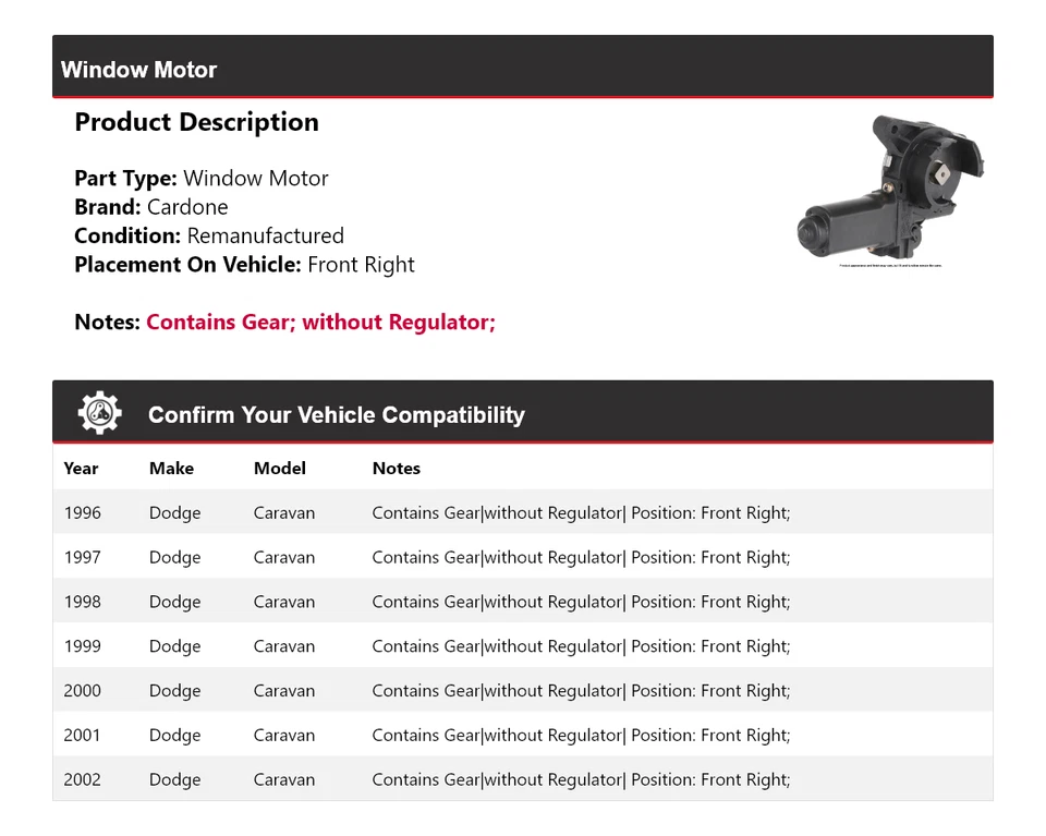 For 1996-2002 Dodge Caravan Window Motor Front Right Cardone 1997 1998 1999 2000 - Image 2 of 4