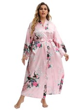 Feslieacc Women's Plus Size Long Satin Bathrobe Floral Long Silk Robe, Pink,...