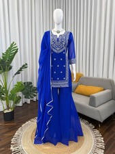 Faux Georgette Sharara Suit Set, Embroidered Kurta with Lace Dupatta