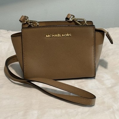 Michael Kors Selma Mini Crossbody Bag Tan Saffiano Leather Gold Hardware