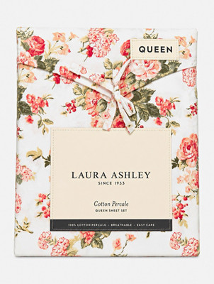 Laura Ashley Queen Sheet Set 100% Cotton Percale Pink/Green Floral Deep Pocket