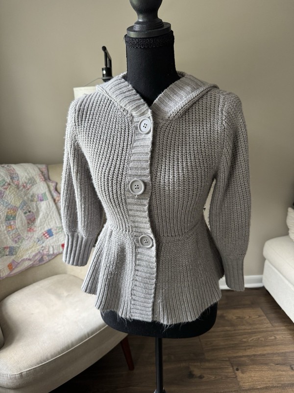 United States Sweaters Womens PPA Petites Gray Solid Knit Hooded Button Cardigan
