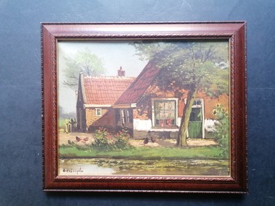 Niederländisches Ölgemälde Anfang 20. Jahrhundert, Haus, Kanal, Hühner, signiert
