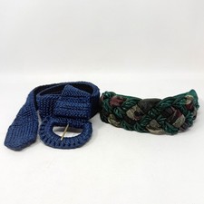 Womens Vintage Woven Belt Set 2 Navy Blue Crochet Green Braided Tapestry M/L