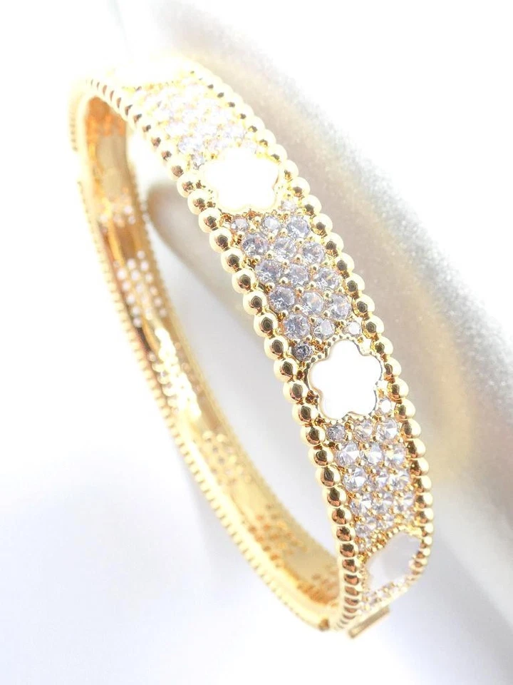 LUJOSO Brazalete Brazalete Fino Chapado en Oro 18kt 10 Cristales de Trébol de Perlas Madre Foto 2 de 4