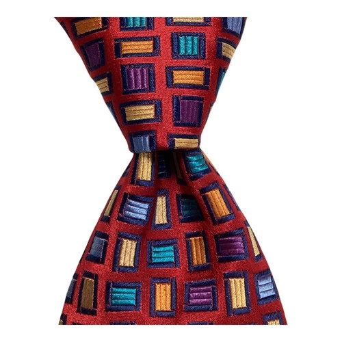LA VITA Mens 100% Silk XL Necktie 61 5/8" ITALY Designer Geometric Red/Multi GUC