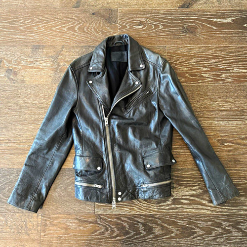 ALLSAINTS Men's Black Leather Biker Jacket Full Zip Pockets Short Spread