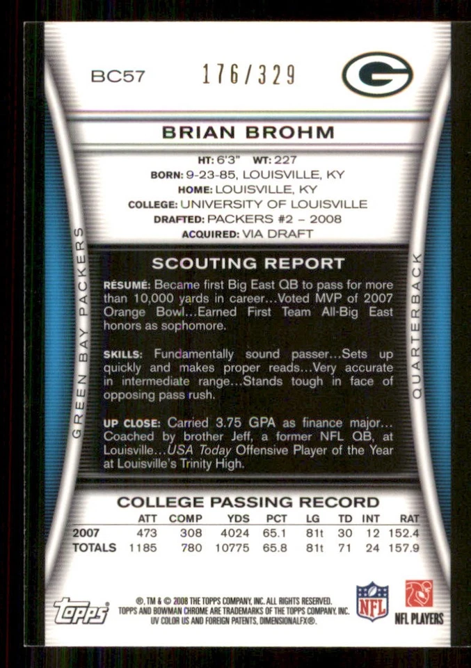 2008 Bowman Chrome Rookies Bronze #BC57 Brian Brohm /329 - Image 2 of 2