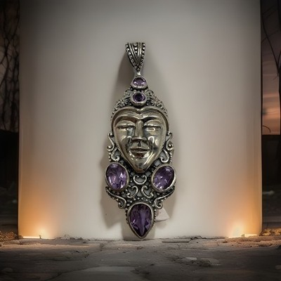 BA Sterlingsilber 3'' natürlicher Amethyst Göttin Gesicht Anhänger