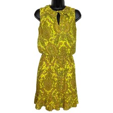 Banana Republic Paisley Pleated-Neck Dress Petite XS Yellow Green Ruffle Hem