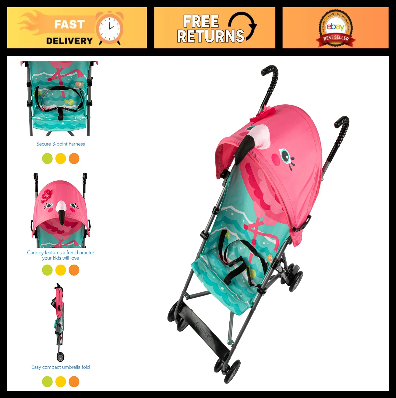 Compact Pink Flamingo Umbrella Stroller - Easy Fold, Lightweight, Travel-Friendl