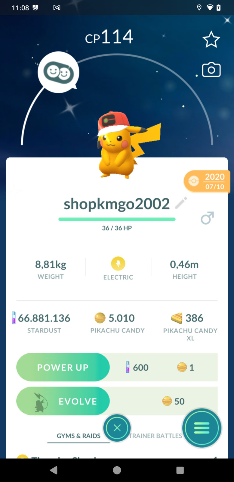 Shiny Pikachu ( World Cap Hat ) - 20k Star.d
