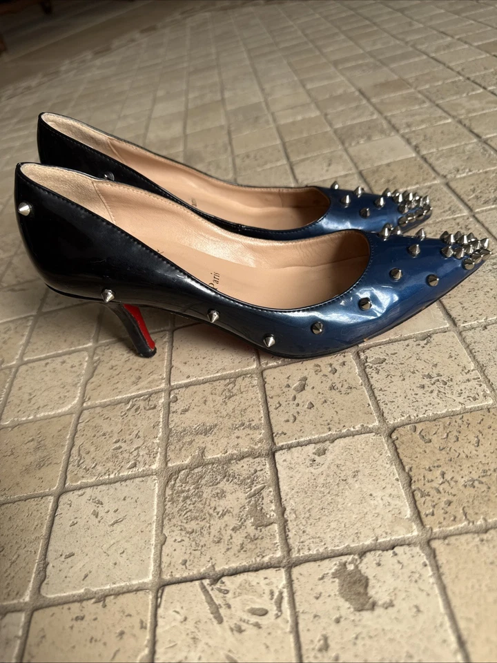 Christian Louboutin Patent Blue Ombré  Spiked Pumps 34 - Image 3 of 4