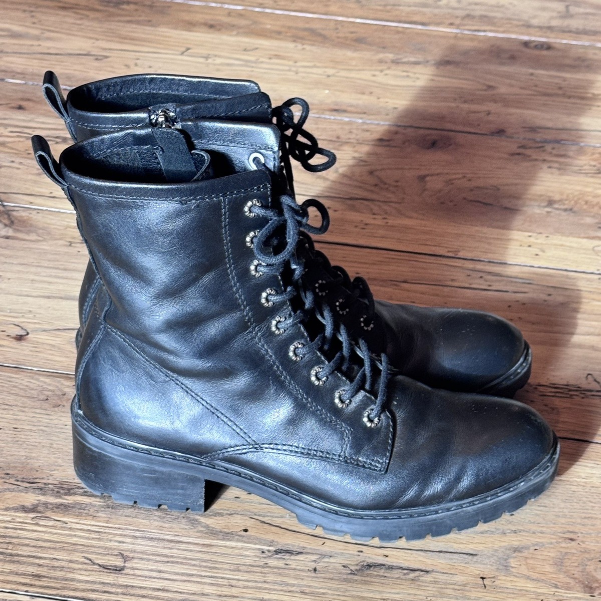 Black Lace-Up Leather Combat Boots with Side Zipper Mens 6 main image 3